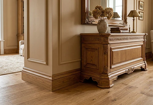 Wooden baseboard and solid wood furniture: a unified shade that connects the floor and furniture in the interior