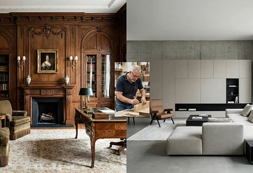 Classic study with custom interior furniture: wooden panels, library, fireplace, and desk in traditional style