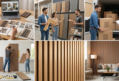 Selection of slat panels for interior wall finishing based on samples, colors, and interior references on the desktop