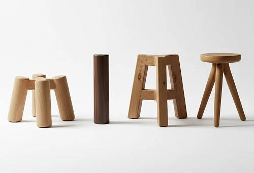Collection of stool legs made of oak and beech with various shapes