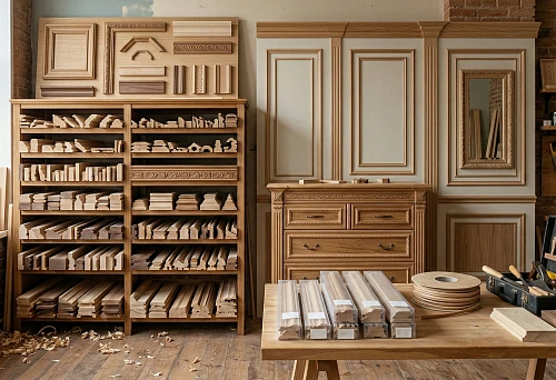 Wooden moldings for walls and furniture: workshop with profile samples and panel decor