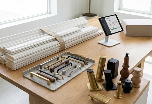 Set 'Molding + Trim + Handles + Legs' on One Table: Finishing Profiles, Handle Samples, and Furniture Supports