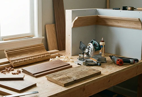 Wooden cornice in the workshop: profile blanks, tools and preparation for installation