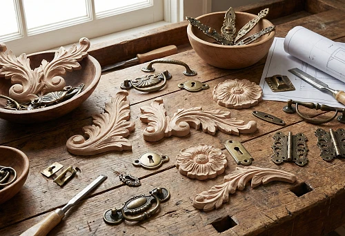 Decorative furniture ornaments: overlays, rosettes and brass furniture handles for restoration