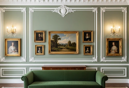 Gallery wall in the living room with stucco on the walls and paintings in decorative frames &mdash; a symmetrical composition with stucco decor, emphasizing the architecture and artistic character of the interior.