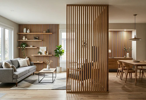 Wall finishing with decorative battens in living and dining rooms for stylish space zoning