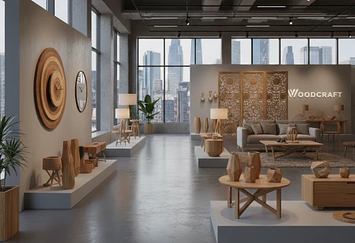 interior showroom with wooden products and modern decorative elements