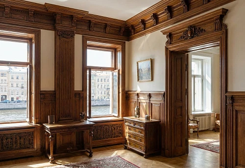 Wooden Molding in St. Petersburg: High Cornice and Solid Wood Wall Panels in a Classic Interior with Large Windows