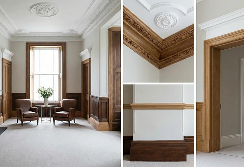 Comprehensive interior finishing: white stucco on the ceiling and warm wooden panels, baseboards and door frames in a unified style