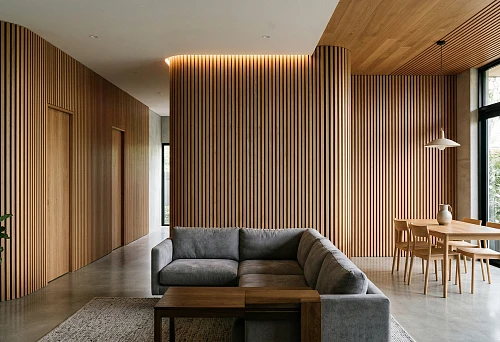 Slat panels for interior wall decoration in modern interior architecture with transition to doors and corners