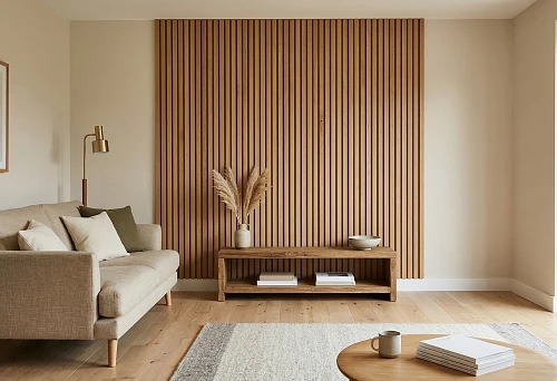 Decorative wooden slatted panels in a bright living room interior with a sofa, console, and natural wall finish