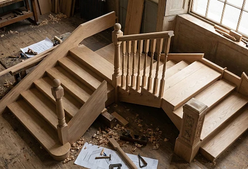 Components for wooden stairs in the workshop: steps, landing, stringer, posts and balusters, preparation for assembly.
