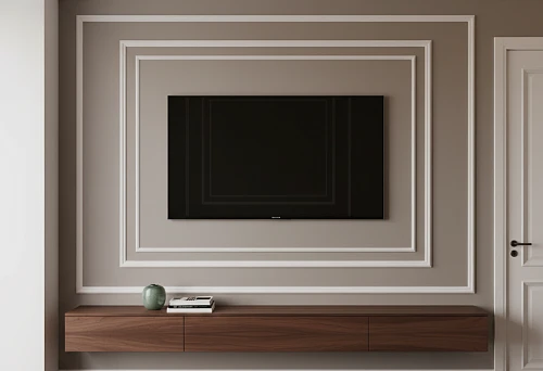 Minimalist TV Zone with Moldings Frames and a Neat Baseboard in a Modern Interior