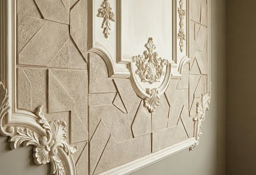 Accent wall with two-layer relief: polyurethane panels with geometry and molded decor with moldings and ornamental overlays on light finishing