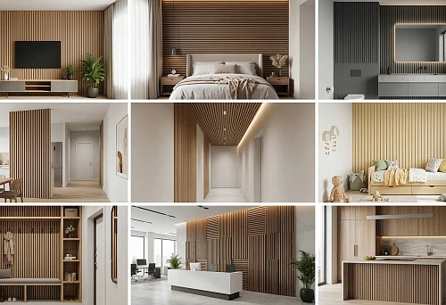 Slat panels for walls in a living room interior with a TV area, soft seating, and vertical wood finish