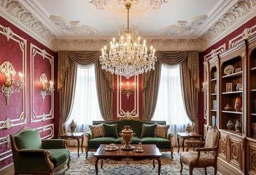 Russian stucco on the ceiling and walls in a classic interior with Russian designer furniture