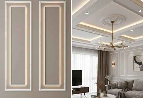 Modern decorative polystyrene moldings in interior design: illuminated wall frames and architectural elements on ceilings