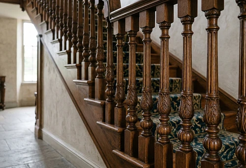 Wooden Stair Balusters Close-up: Turned Profile, Carving, and Staining