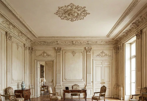 Expensive polyurethane stucco in an elite interior: rich cornice and ceiling rosette with ornament