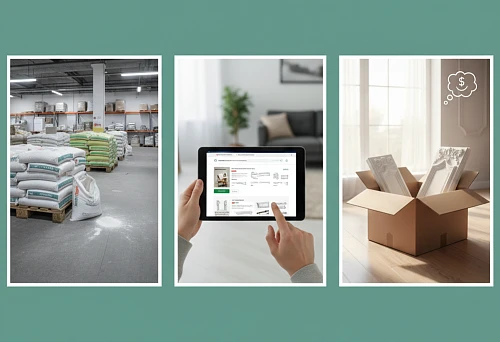 Buy polyurethane molding online: warehouse with packages, selection on a tablet, and a box with decorative elements