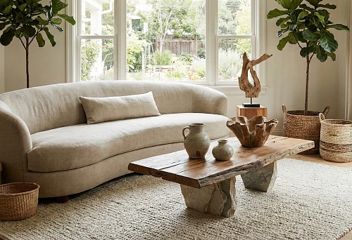 Living Room in Natural Tones with Unique Decorative Elements