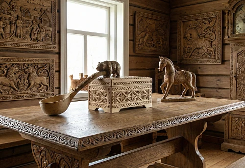 Decorative and applied arts in wood carving: carved panels on walls, a chest with ornamentation, and a wooden table