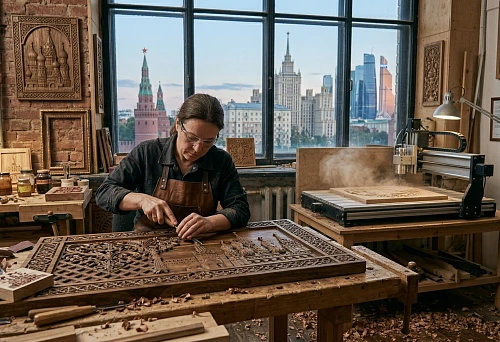 Wood carving in Moscow &mdash; a master creates hand-carved decor near a milling machine