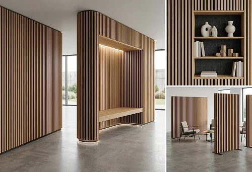Rack modular wall panel in a modern interior with a niche, built-in lighting, open shelves, and architectural wood trim