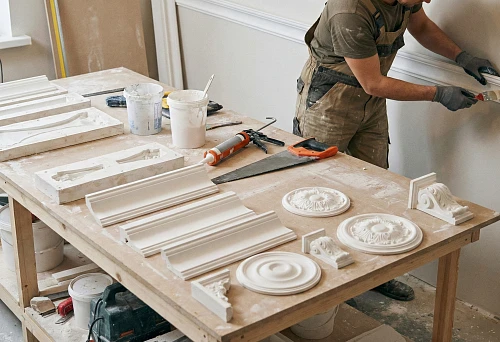 DIY polyurethane stucco: the master applies glue to the wall molding and presses the profile along the markings