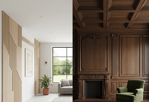 Comparison of a modern interior with decorative battens and a classic interior with solid moldings and profiles, showcasing the versatility of wooden solutions.