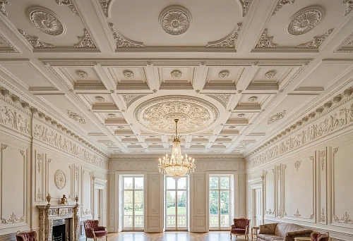 Stucco ceiling with coffers, ceiling rosette, cornices and decorative ornaments in a classic interior