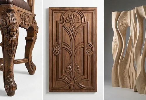 Artistic wood carving: close-up of a furniture leg detail with plant decor