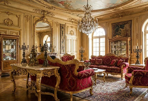 Baroque living room: carved furniture with gilding and red velvet upholstery, palace composition