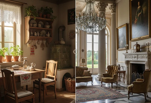 Dacha or Residence: on the left, a warm rustic kitchen interior; on the right, a classic living room with a fireplace, columns, and high ceiling