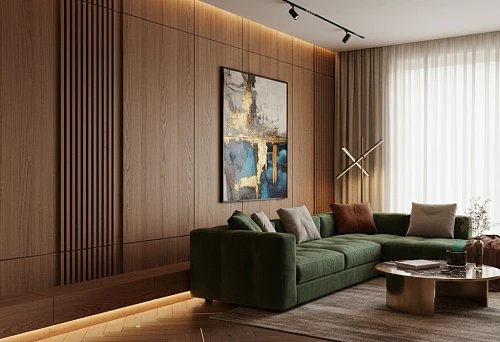 Modern living room with oak interior skirting board and vertical oak battens, warm lighting and premium finish