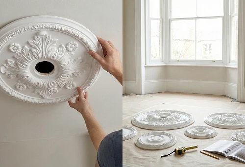 Polyurethane stucco on the ceiling for a chandelier &mdash; an example of selecting and fitting a ceiling rosette, checking the size before installation in a light interior