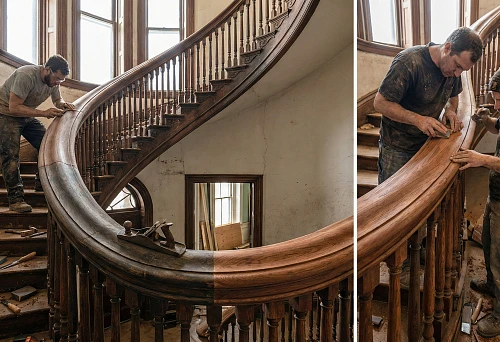 Restoration of a round handrail on an antique staircase: a master polishes the surface while preserving the radius and profile shape