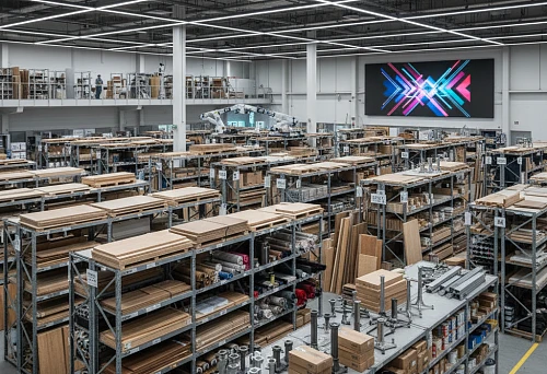 warehouse of materials and components for furniture manufacturing with pallet racks