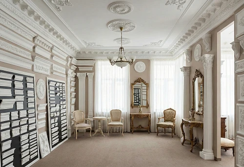 Catalog of polyurethane molding: showroom with cornices, moldings and ceiling rosettes for classic interior