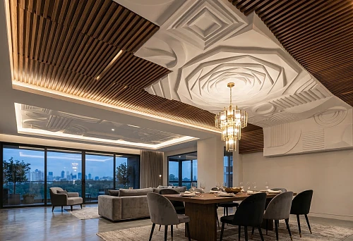 Ceiling slat panels and polyurethane ceiling decor in a modern living room interior