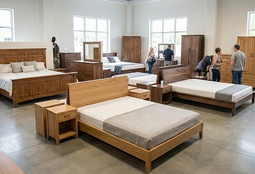 Solid wood bed display: bedroom sets with nightstands, dressers and wardrobes