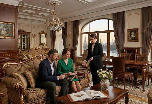 Classic furniture in Moscow in a luxurious living room and dining room interior with carved wooden elements
