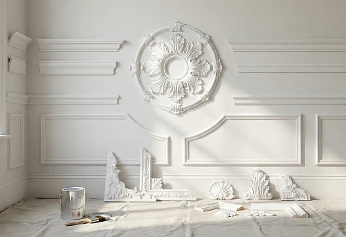 Polyurethane wall molding for painting: white moldings, frames, and decorative wall rosette