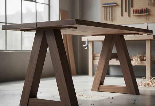 Wooden tabletop mounted on massive A-shaped wooden supports in a carpentry workshop, with visible mounting points and work tools in the background.