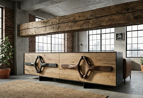 wooden beam and cabinet with large organic furniture handles in an industrial interior