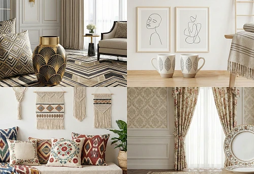Decorative Ornaments with Patterns in Interior Design &mdash; Pillows, Vases, Textiles, and Wall Art with Patterns in Various Styles