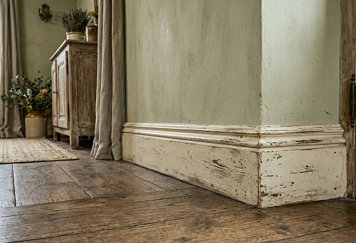 Painted wooden baseboard with wear in Provence style against a wooden floor and light wall