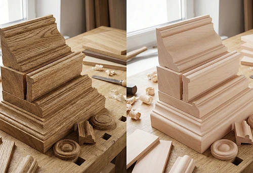 Comparison of oak and beech trim: two molding profiles on a carpenter's workbench, oak on the left, beech on the right