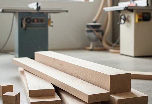 High-quality oak timber in the workshop, prepared for construction and interior finishing