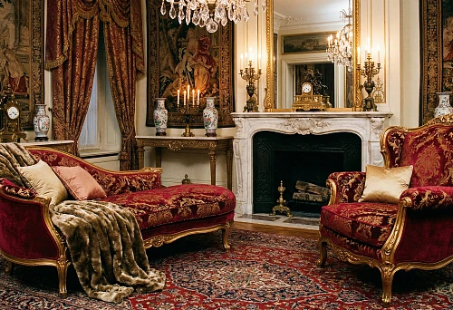 Baroque upholstered furniture in the living room: a burgundy sofa and armchair with gilded carving by the fireplace, crystal chandelier and classic rug